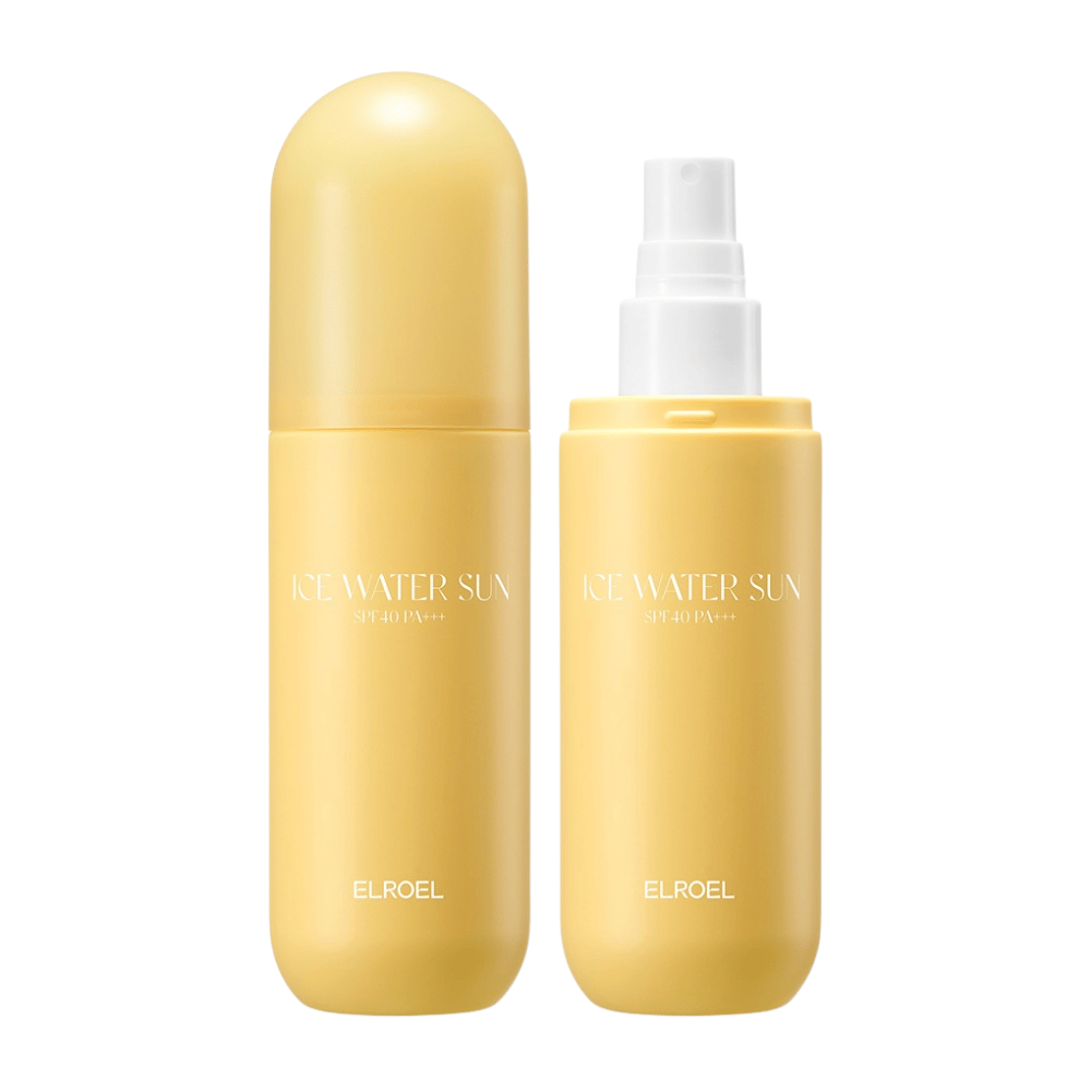 ELROEL Ice Water Sun Mist SPF 40 PA+++ zdjęcie produktu z zamkniętą i otwartą butelką, pokazujące praktyczny design umożliwiający łatwą aplikację ochrony przeciwsłonecznej w sprayu