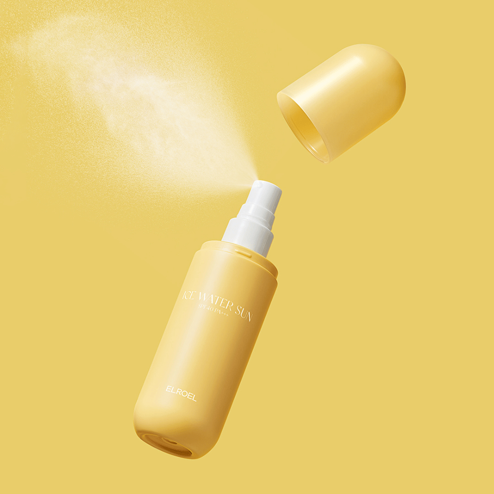 ELROEL Ice Water Sun Mist SPF 40 PA+++ butelka z rozpylaczem z zdejmowaną nakrętką i równomiernym sprayem, który chroni skórę przed promieniowaniem UV i daje efekt chłodzenia