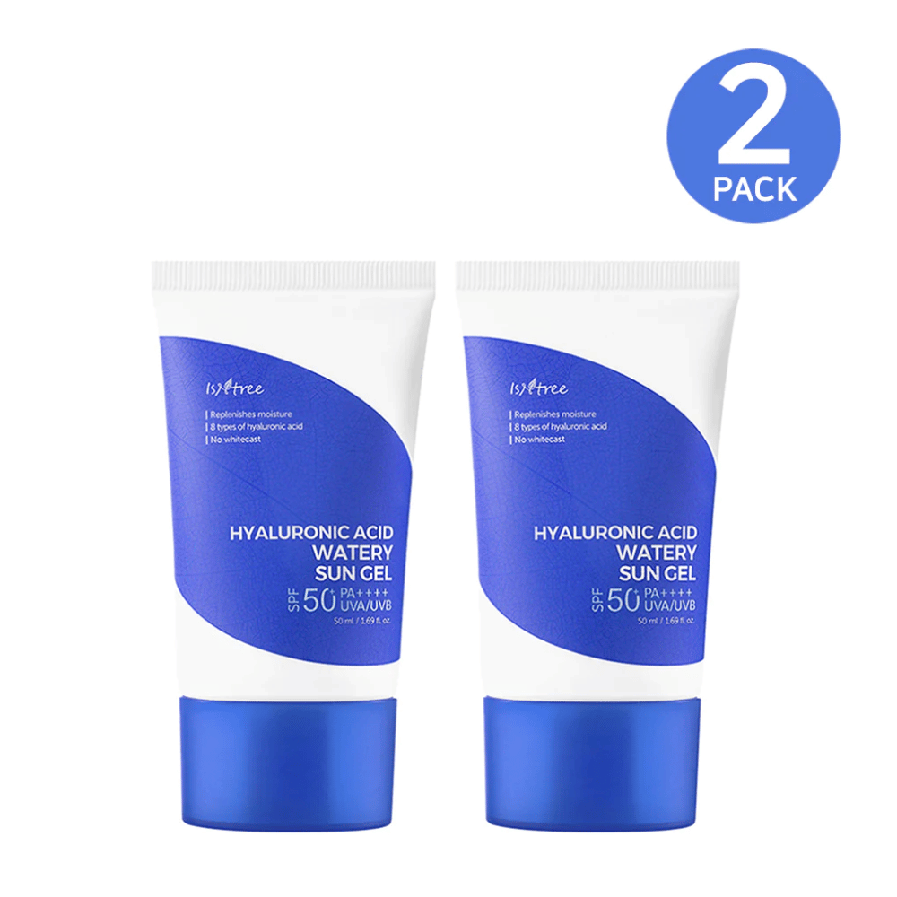 Dwie tubki Isntree Hyaluronic Acid Watery Sun Gel Set z SPF zestawem ochrony przeciwsłonecznej 50+.