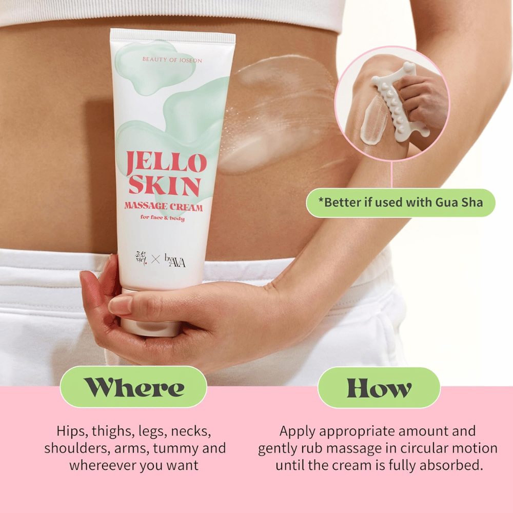 Beauty of Joseon Jello Skin Massage Cream stosuje się na brzuch i ciało do nawilżającego masażu z miękkim i przyjemnym poślizgiem.
