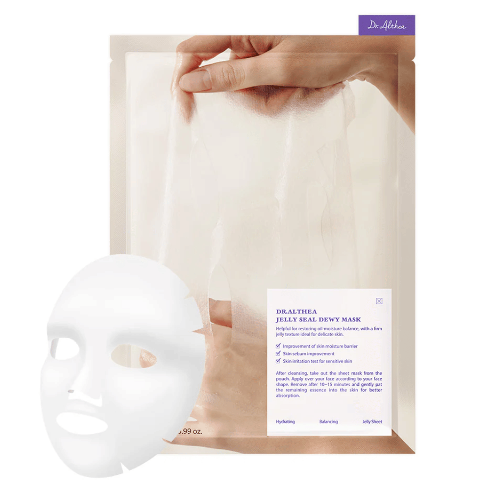 Dr.Althea Jelly Seal Dewy Mask – nawilżająca maska w płachcie o żelowej konsystencji, która wzmacnia barierę wilgoci skóry, balansuje produkcję sebum i łagodzi wrażliwą skórę.