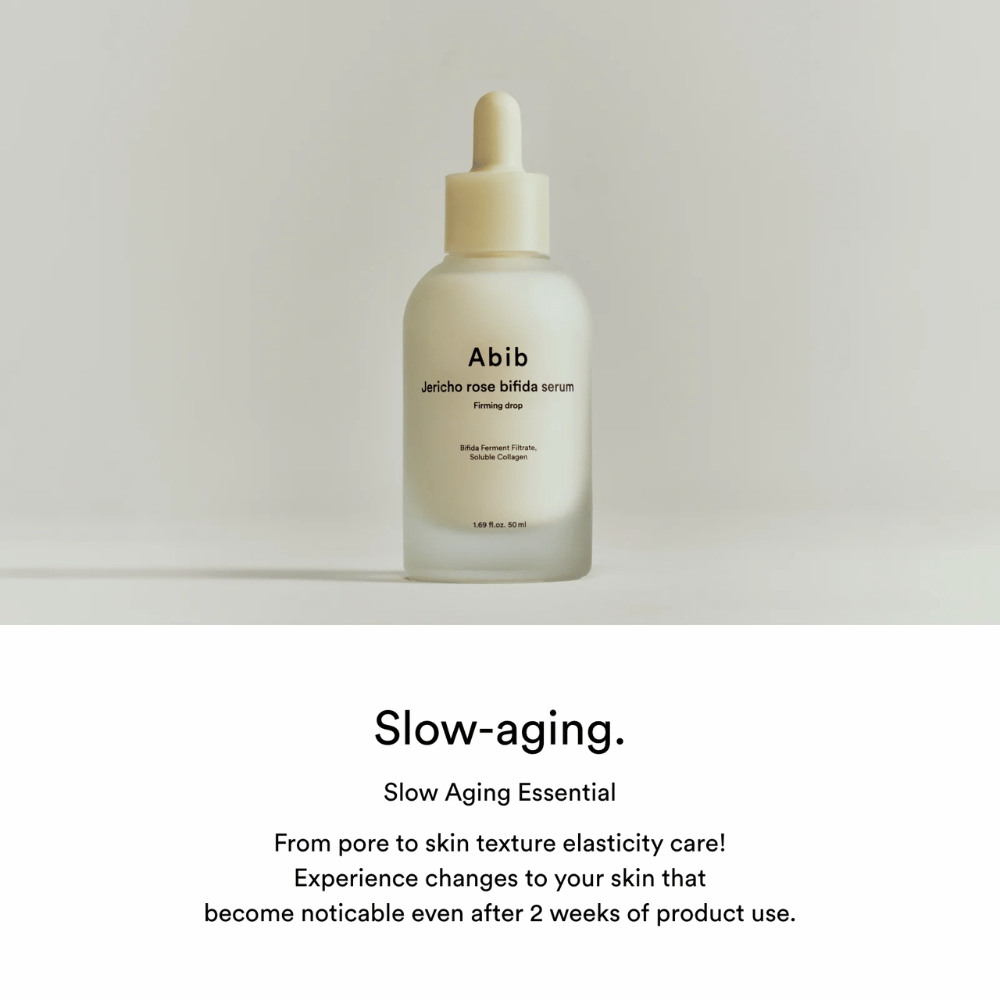 Minimalistyczne zdjęcie produktu Abib Jericho Rose Bifida Serum Firming Drop z naciskiem na slow-aging i elastyczność skóry.