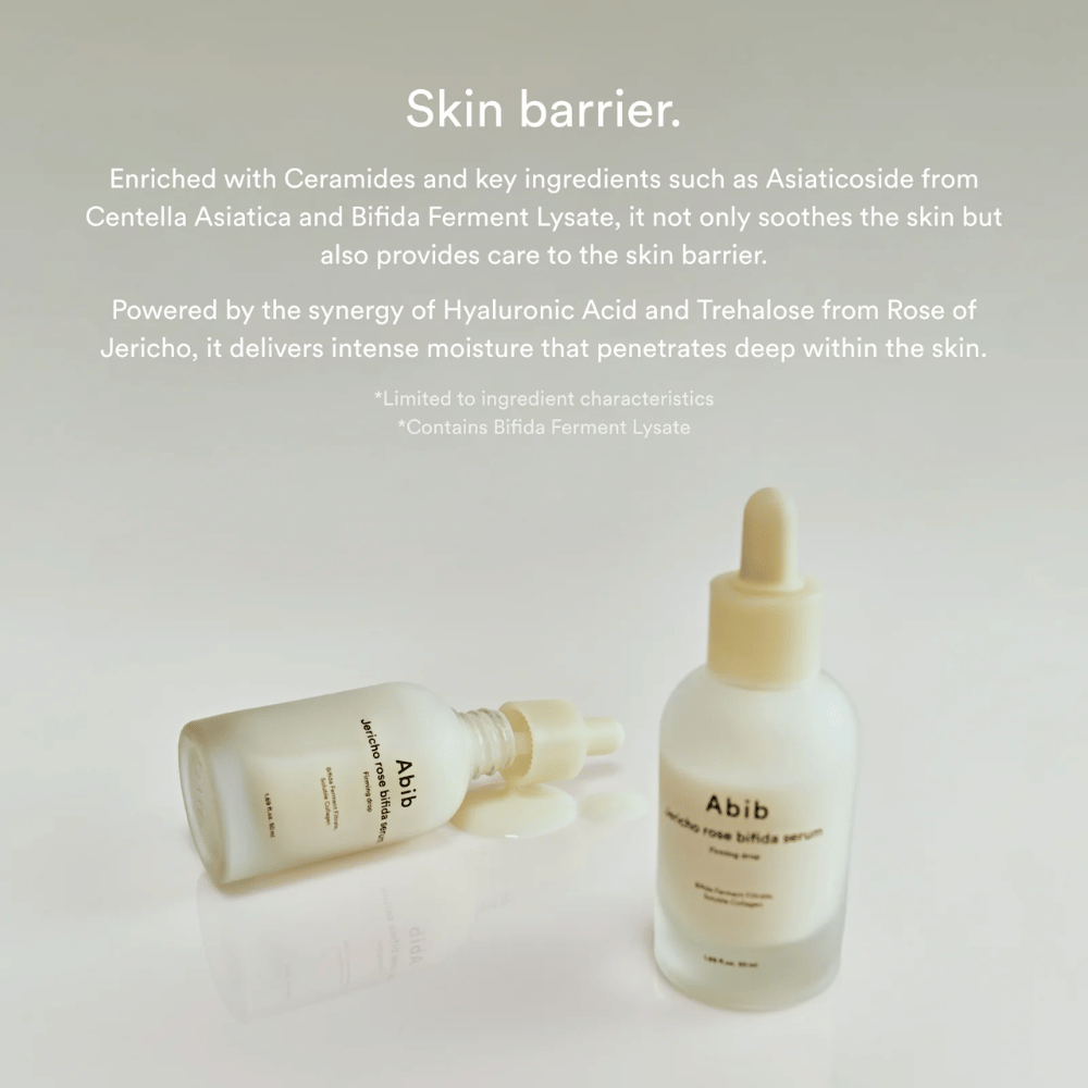 Zdjęcie produktu Abib Jericho Rose Bifida Serum wraz z informacjami o barierze skórnej, ceramidach i intensywnym nawilżeniu.