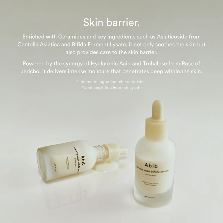 Zdjęcie produktu Abib Jericho Rose Bifida Serum wraz z informacjami o barierze skórnej, ceramidach i intensywnym nawilżeniu.
