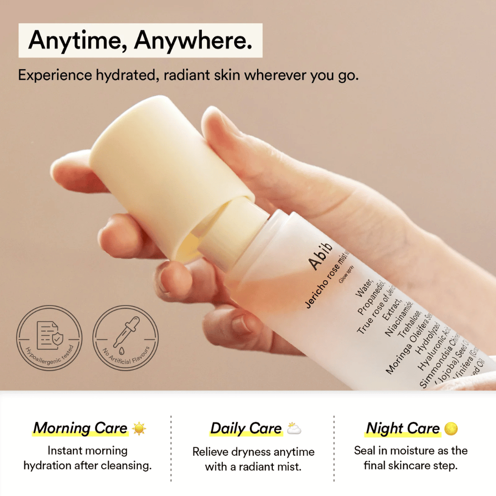 Abib Jericho Rose Mist Serum används under dagen för återfuktad hud. Perfekt för morgon, dag och kvällsvård.