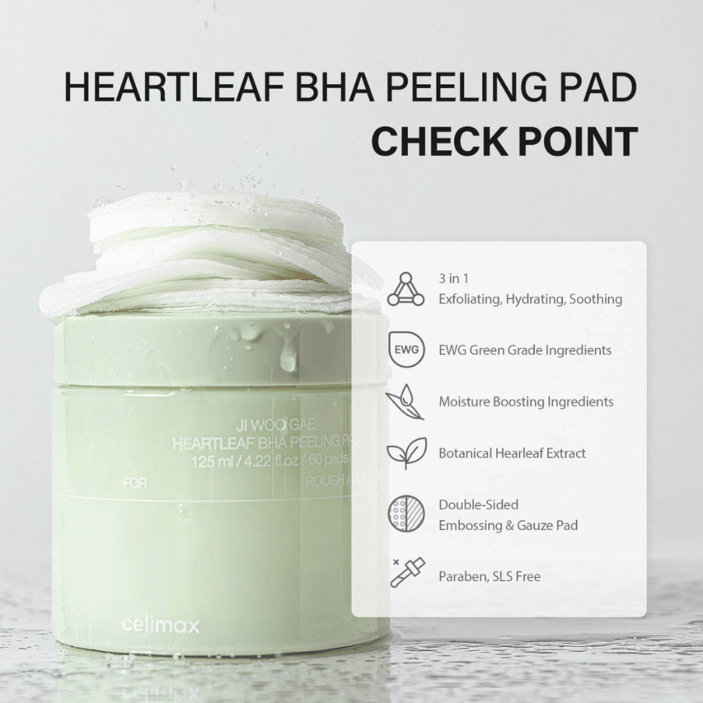 Celimax Ji Woo Gae Heartleaf BHA Peeling Pad to wielofunkcyjny produkt, który złuszcza, nawilża i łagodzi skórę. Z klasyfikacją EWG zieloną zawiera nawilżające składniki i ekstrakt z liści serca roślinnego.