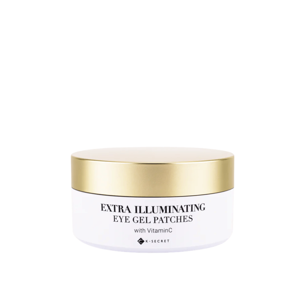 Słoik z K-Secret Extra Illuminating Eye Gel Patches z witaminą C i złotą pokrywką.