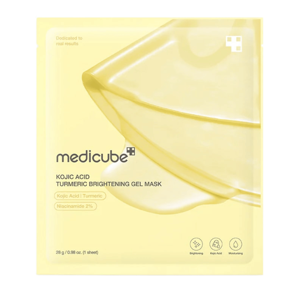Medicube Kojic Acid Turmeric Brightening Gel Mask – żółte opakowanie z obrazem maski żelowej i wyraźnymi oznaczeniami składników.