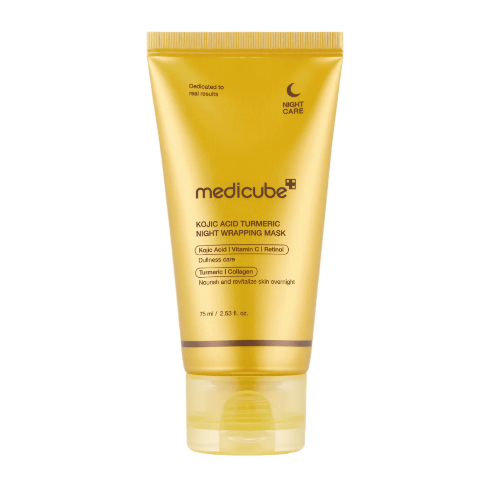Medicube Kojic Acid Turmeric Night Wrapping Mask 75 ml w złotym opakowaniu z kwasem kojowym, kurkumą, witaminą C i kolagenem do nocnej pielęgnacji rozświetlającej.
