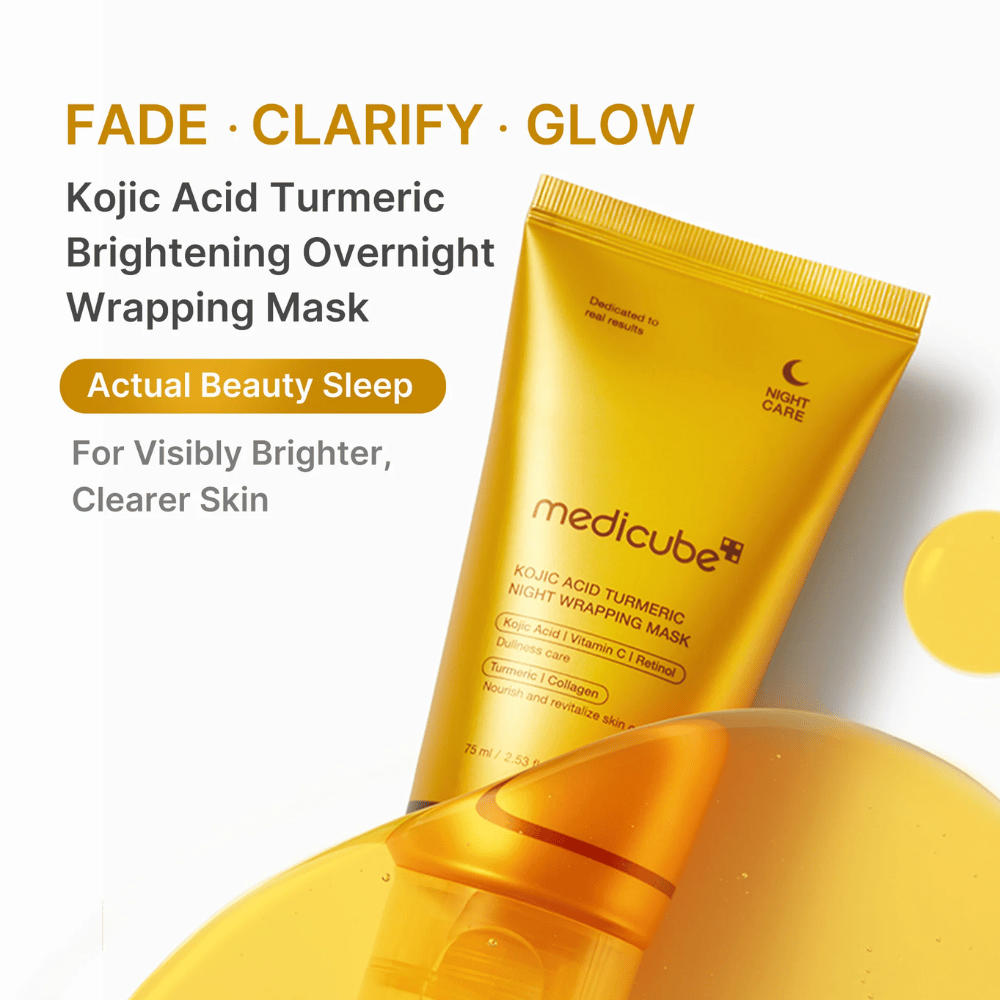 Medicube Kojic Acid Turmeric Night Wrapping Mask w złotej tubce do nocnej pielęgnacji skóry, która pomaga uzyskać jaśniejszą, bardziej jednolitą i promienną skórę.