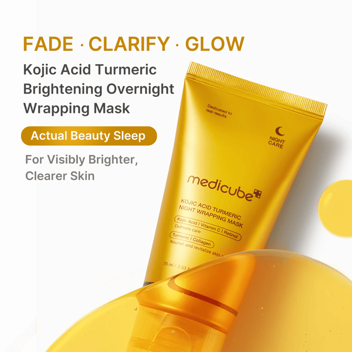 Medicube Kojic Acid Turmeric Night Wrapping Mask w złotej tubce do nocnej pielęgnacji skóry, która pomaga uzyskać jaśniejszą, bardziej jednolitą i promienną skórę.
