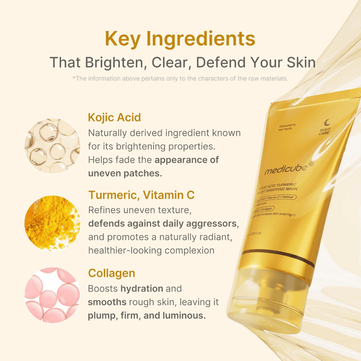 Medicube Kojic Acid Turmeric Night Wrapping Mask z kwasem kojowym, kurkumą, witaminą C i kolagenem dla blasku, nawilżenia i bardziej wyrównanego kolorytu skóry.