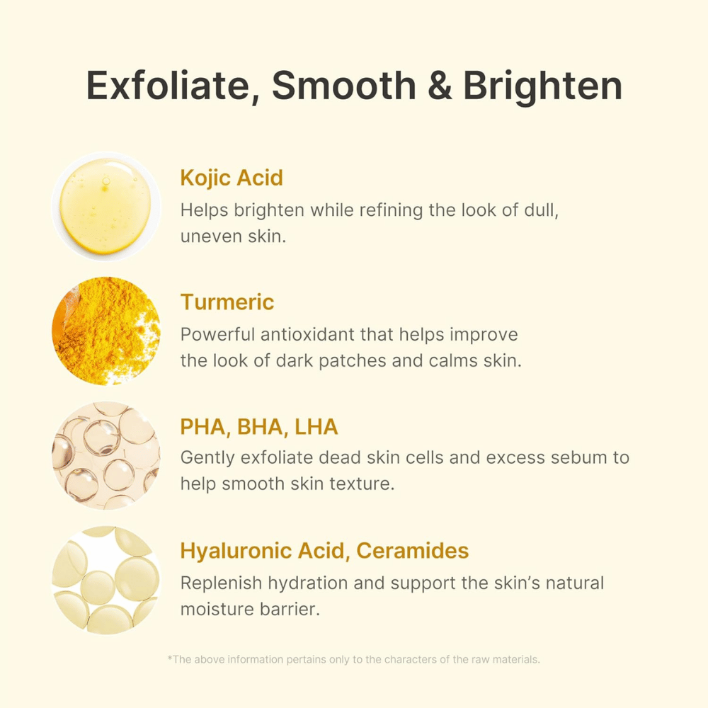 Medicube Kojic Acid Turmeric Peel Shot z kwasem kojowym, kurkumą, PHA, BHA, LHA, kwasem hialuronowym i ceramidami.
