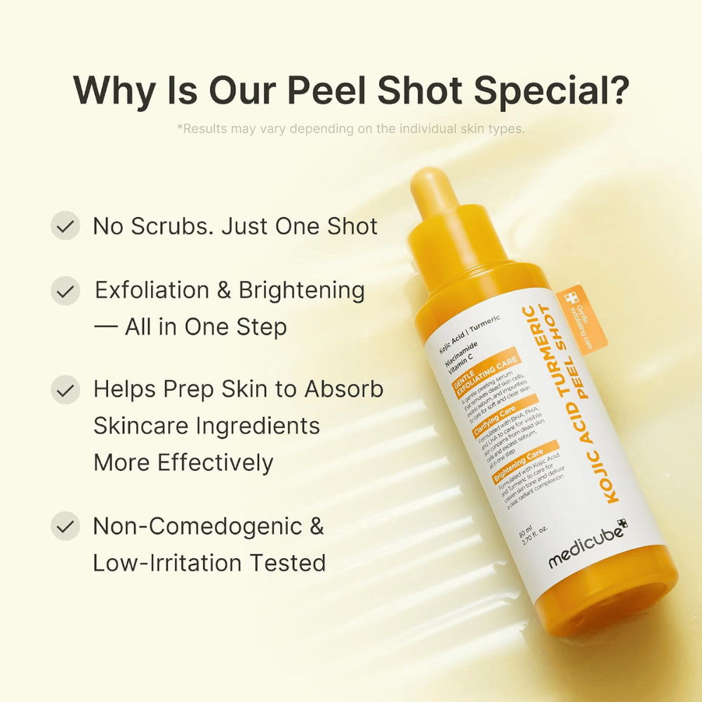 Medicube Kojic Acid Turmeric Peel Shot – peeling złuszczający z kwasem kojowym i kurkumą dla bardziej wyrównanego kolorytu skóry, blasku i gładszej skóry.