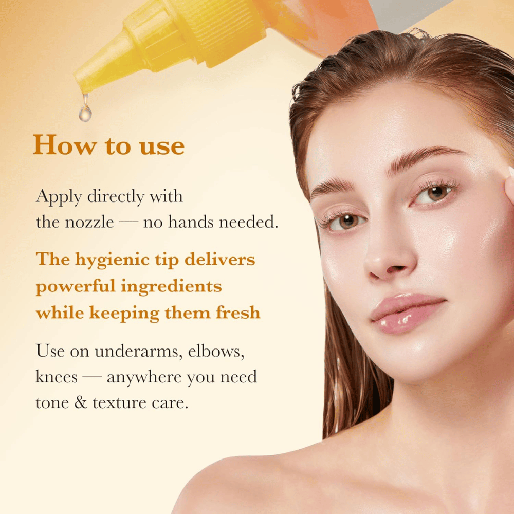 Grafika sposobu użycia dla Medicube Kojic Acid Turmeric Resurfacing Toner, pokazująca higieniczną aplikację bezpośrednio za pomocą aplikatora z końcówką do pielęgnacji kolorytu i tekstury skóry na przykład na łokciach i kolanach.