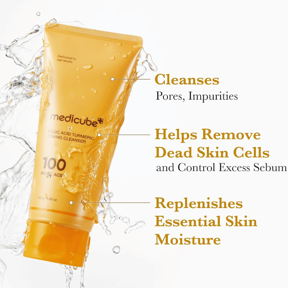 Medicube Kojic Acid Turmeric Toning Cleanser 120 g, środek do mycia twarzy usuwający zanieczyszczenia i martwe komórki skóry. Żółta tubka z rozpryskami wody.