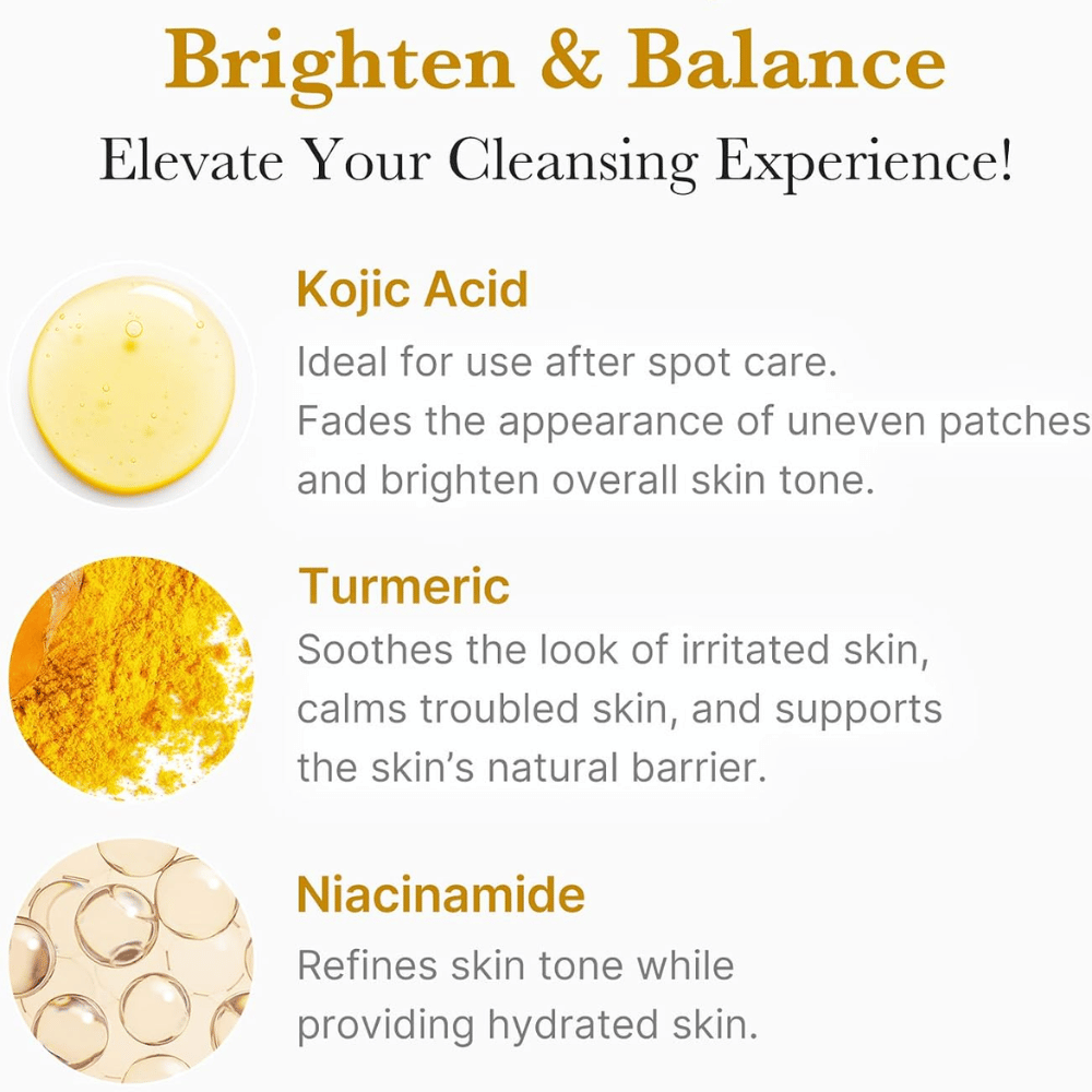 Medicube Kojic Acid Turmeric Toning Cleanser z kwasem kojowym, kurkumą i niacynamidem. Przegląd składników dla bardziej wyrównanego kolorytu skóry.