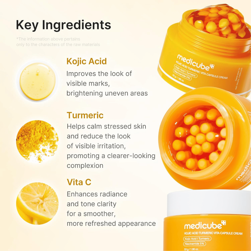3. Medicube Kojic Acid Turmeric Vita Capsule Cream – krem do twarzy z kwasem kojowym, kurkumą i witaminą C dla bardziej wyrównanego kolorytu skóry
