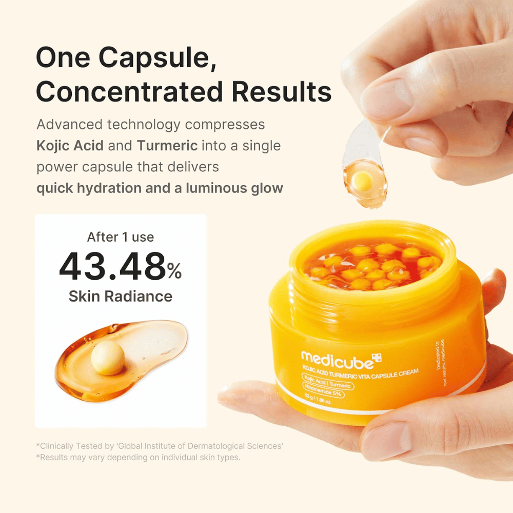 1. Medicube Kojic Acid Turmeric Vita Capsule Cream – krem do twarzy z skoncentrowanymi kapsułkami zapewniający nawilżenie i większy blask
