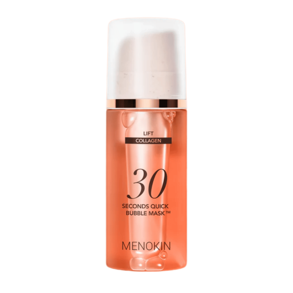 Wycięte zdjęcie produktu MENOKIN LIFT 30 Seconds Quick Bubble Mask, które wyraźnie pokazuje stylowy pomarańczowy design i opakowanie z pompką.