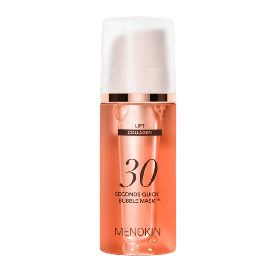 Wycięte zdjęcie produktu MENOKIN LIFT 30 Seconds Quick Bubble Mask, które wyraźnie pokazuje stylowy pomarańczowy design i opakowanie z pompką.
