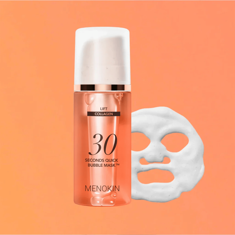 Zdjęcie produktu MENOKIN LIFT 30 Seconds Quick Bubble Mask z pomarańczowym tłem i kształtem maski piankowej, symbolizującym szybkie i skuteczne maseczka do twarzy w zaledwie 30 sekund.