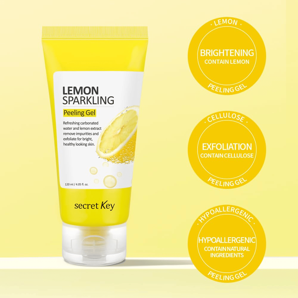 Secret Key Lemon Sparkling Peeling Gel – zawiera cytrynę i celulozę do złuszczania, rozświetlania i zmiękczania skóry, delikatny dla wrażliwej skóry.