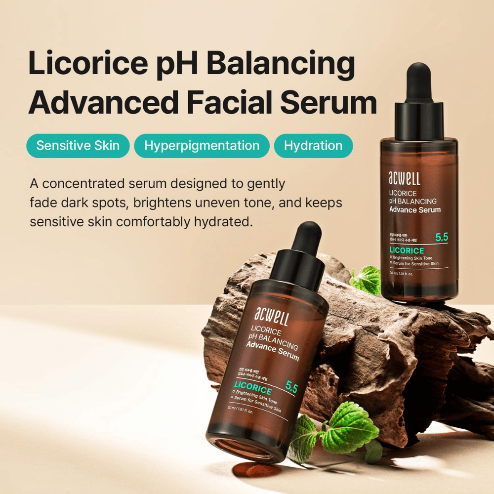 Grafika marketingowa dla Acwell Licorice pH Balancing Advance Serum z naciskiem na skórę wrażliwą, przebarwienia i nawilżenie.