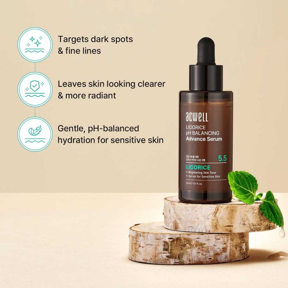 Zdjęcie produktu opisujące korzyści serum dla ciemnych plam, drobnych linii i skóry wrażliwej, z nawilżeniem o zrównoważonym pH.