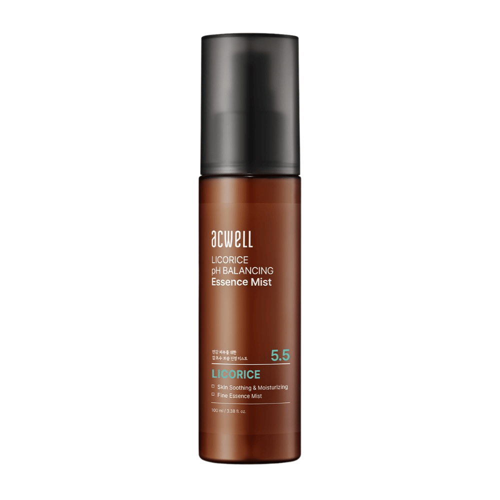 Zdjęcie produktu Acwell Licorice pH Balancing Essence Mist w brązowej butelce z atomizerem. Nawilżająca mgiełka essence z ekstraktem z lukrecji i pH 5,5 wspierającym równowagę skóry, która pomaga ją ukoić i odświeżyć.