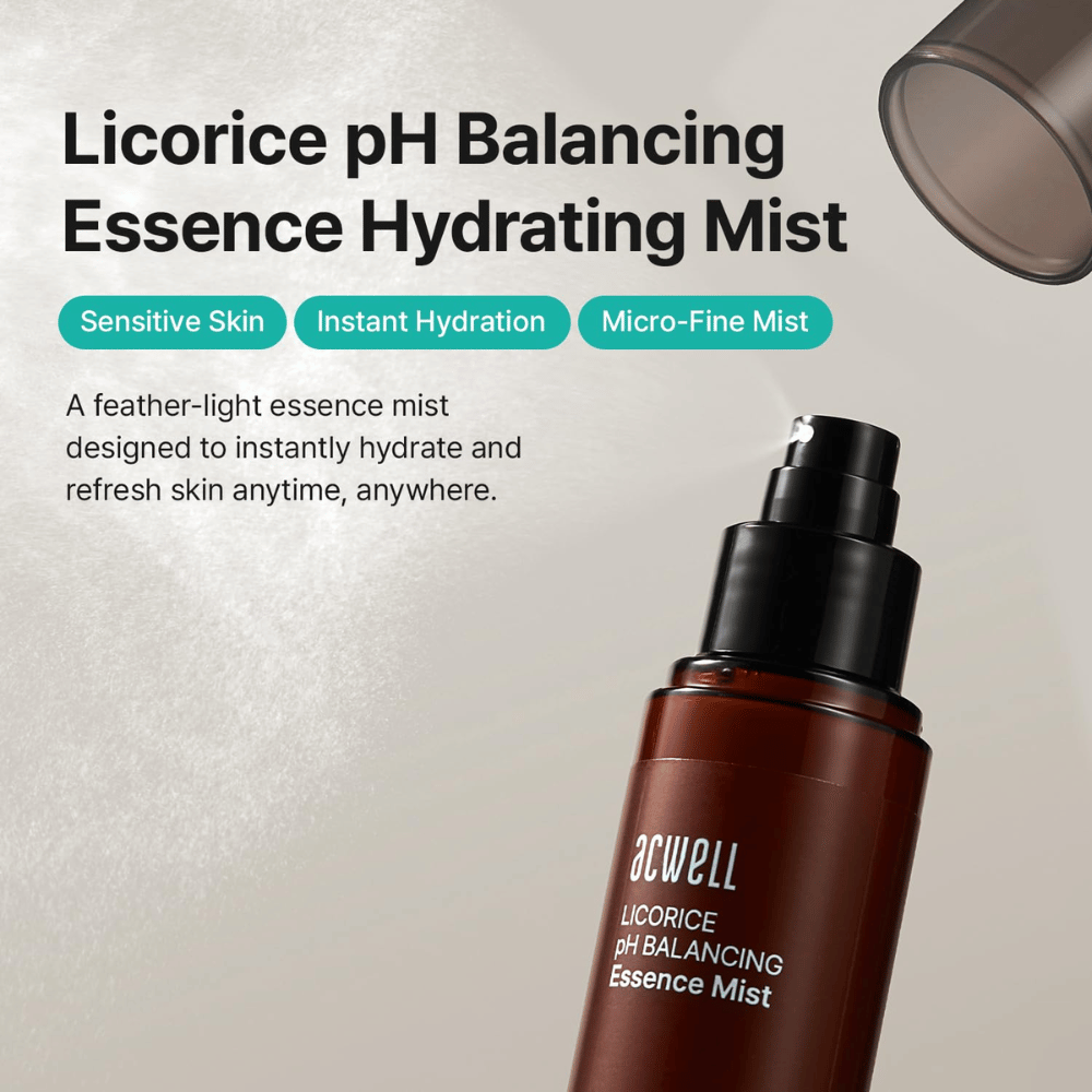 Acwell Licorice pH Balancing Essence Mist z naciskiem na skórę wrażliwą, intensywne nawilżenie i technologię mikrodrobnego rozpylania. Odświeżająca mgiełka essence, która nawilża skórę o każdej porze dnia.