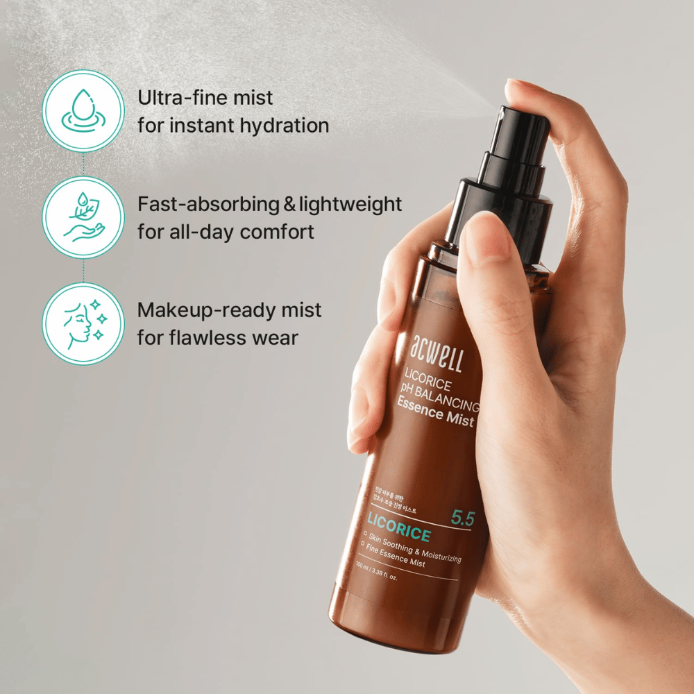 Acwell Licorice pH Balancing Essence Mist jest rozpylany jako drobna mgiełka. Lekka formuła, która szybko się wchłania, zapewnia natychmiastowe nawilżenie i sprawdza się zarówno z makijażem, jak i bez niego.