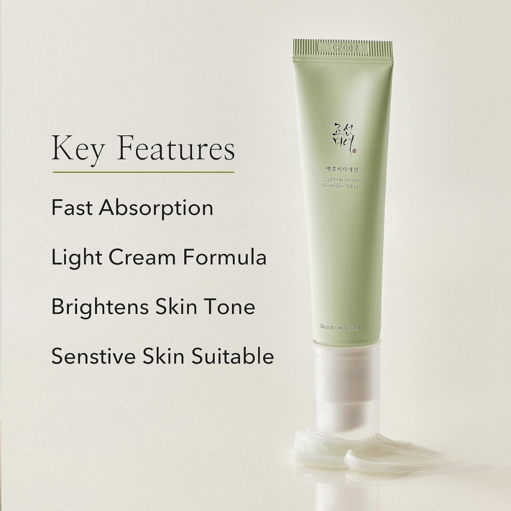 Beauty of Joseon Light On Serum z Centellą i witaminą C, pokazany stojący z wyciśniętym kremem na dole. Kluczowe funkcje wymienione obok: szybkie wchłanianie, lekka formuła kremu, poprawa kolorytu skóry i odpowiedni dla wrażliwej skóry.
