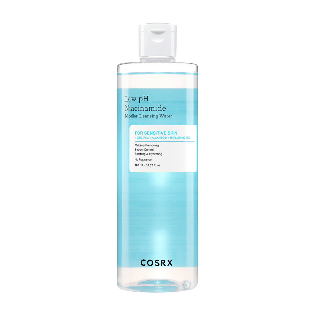 Butelka z COSRX Low pH Niacinamide Micellar Cleansing Water, przeznaczona do skóry wrażliwej.
