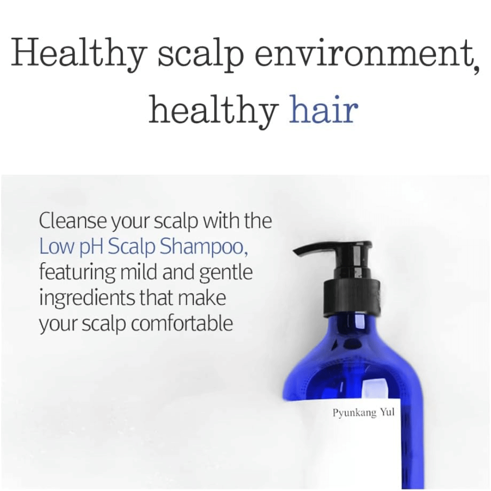 Informacyjny obraz podkreślający Pyunkang Yul Low pH Scalp Shampoo oraz jego łagodną formułę dla zrównoważonego i zdrowego środowiska skóry głowy.