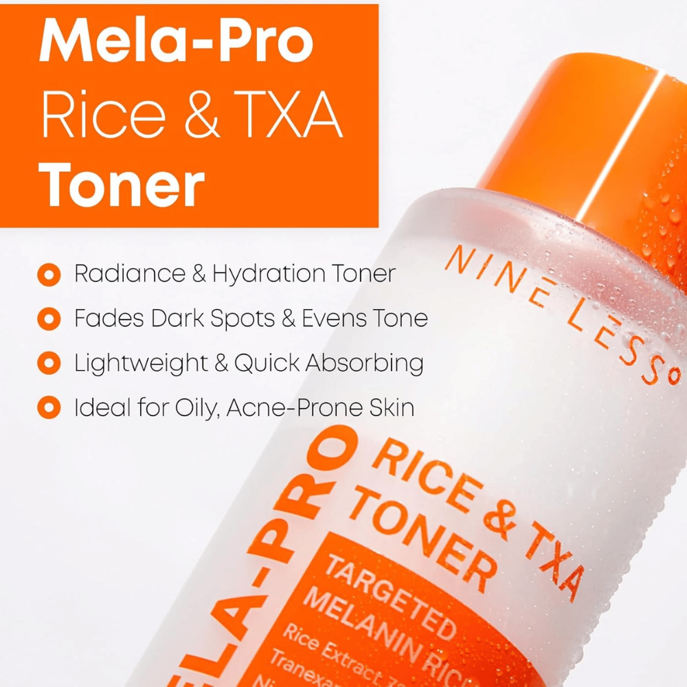 5. NINE LESS MELA-PRO Rice & TXA Toner – nawilżający tonik do twarzy, który pomaga zmniejszyć widoczność ciemnych plam i nierównego kolorytu skóry