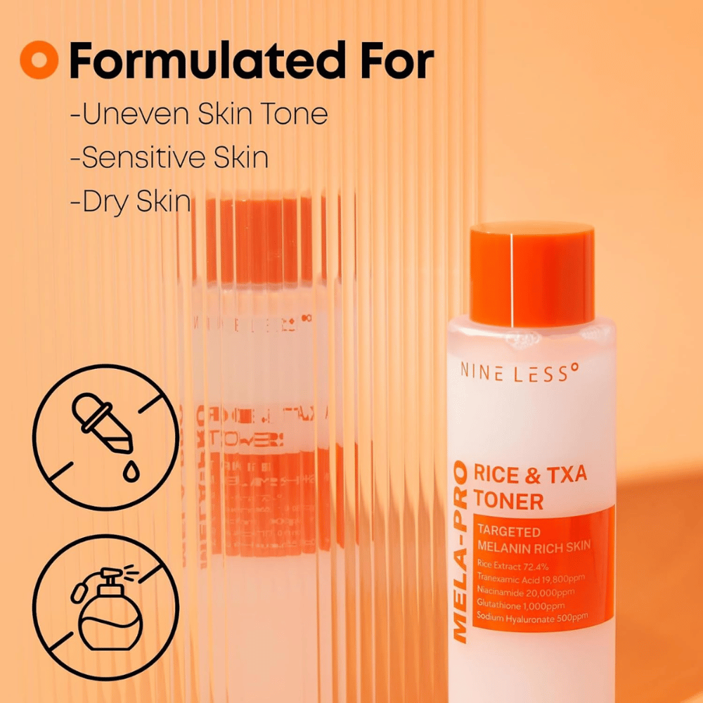 2. NINE LESS MELA-PRO Rice & TXA Toner – tonik do twarzy dla nierównego kolorytu skóry oraz skóry wrażliwej i suchej, z ekstraktem z ryżu i kwasem traneksamowym