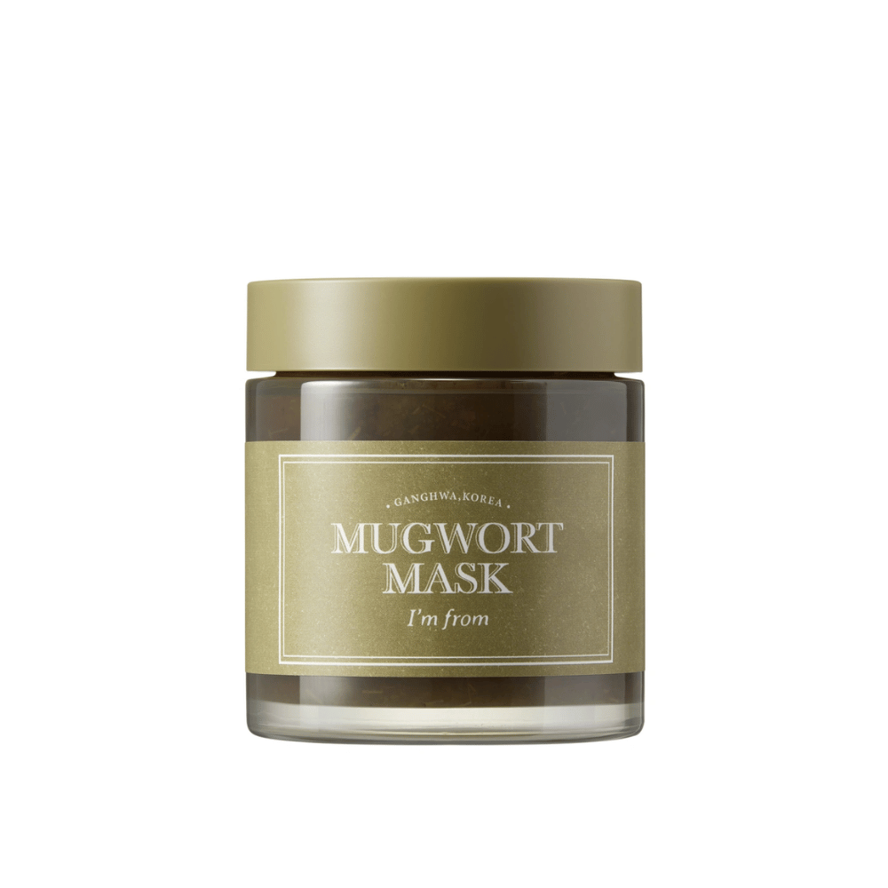 Zdjęcie produktu I'm From Mugwort Mask – zielona maseczka do twarzy w szklanym słoiku z oliwkową pokrywką i etykietą, sfotografowana na białym tle.