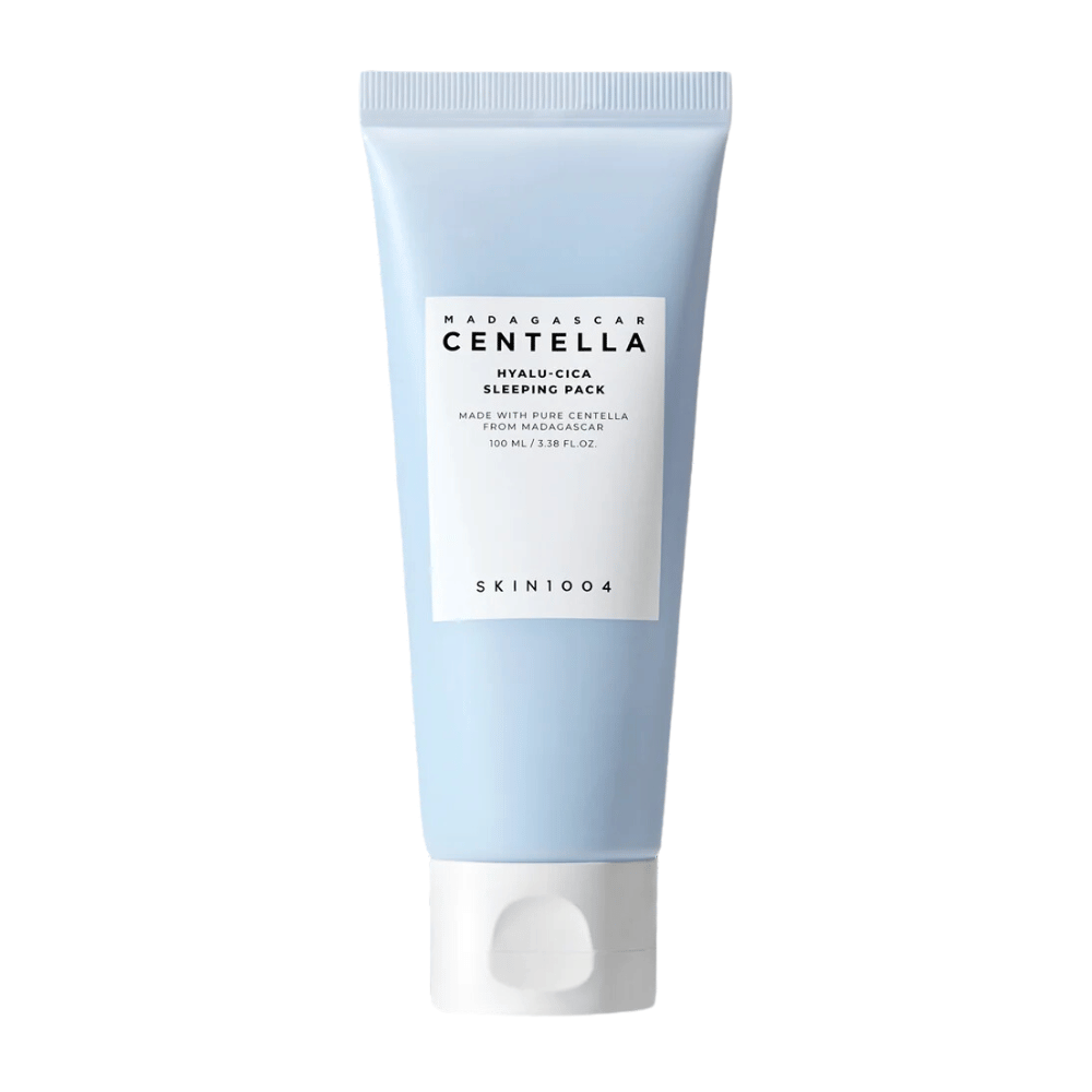 Obrazek przedstawia "Madagascar Centella Hyalu-Cica Sleeping Pack" w tubie 100 ml od SKIN1004, produkt do pielęgnacji skóry do stosowania na noc.