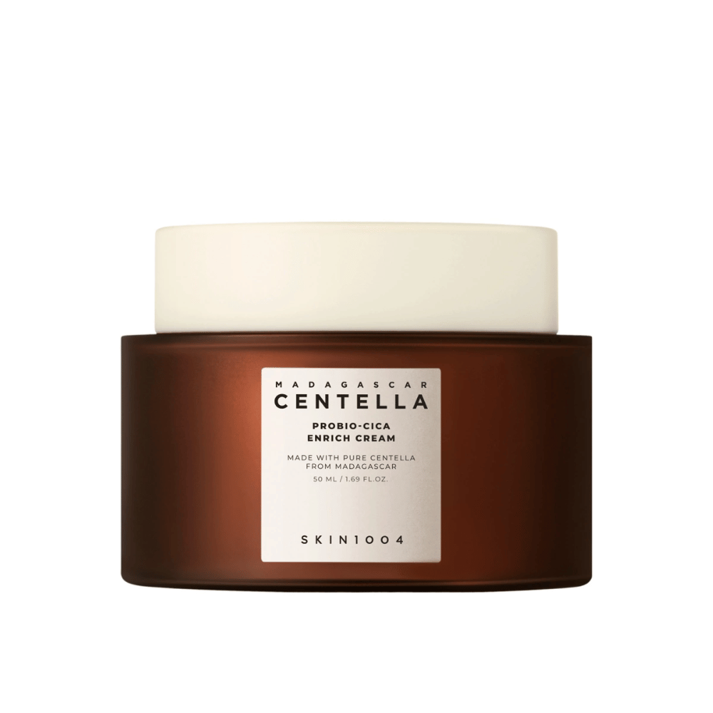 Brązowy słoik z Madagascar Centella Probio-Cica Enrich Cream na neutralnym tle.