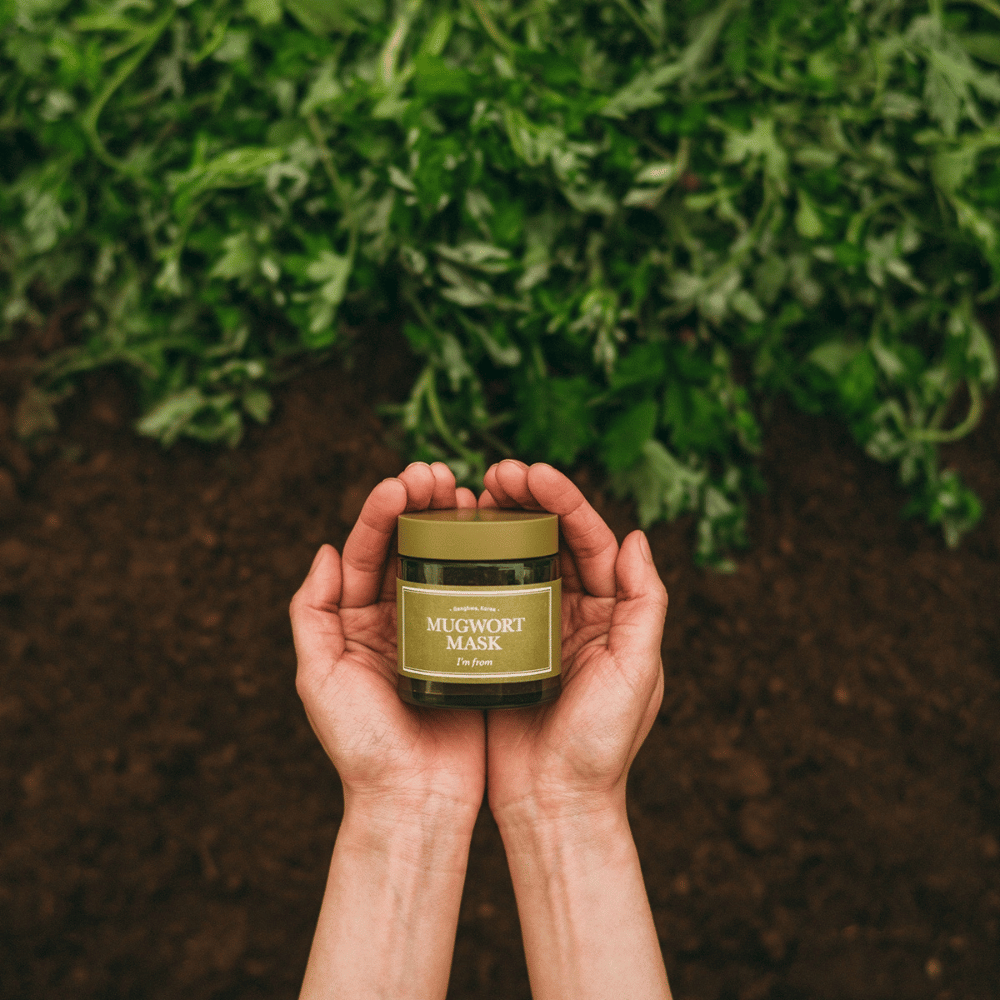 Ręce trzymające I'm From Mugwort Mask na tle ziemi i świeżych zielonych ziół, podkreślając naturalne składniki produktu.
