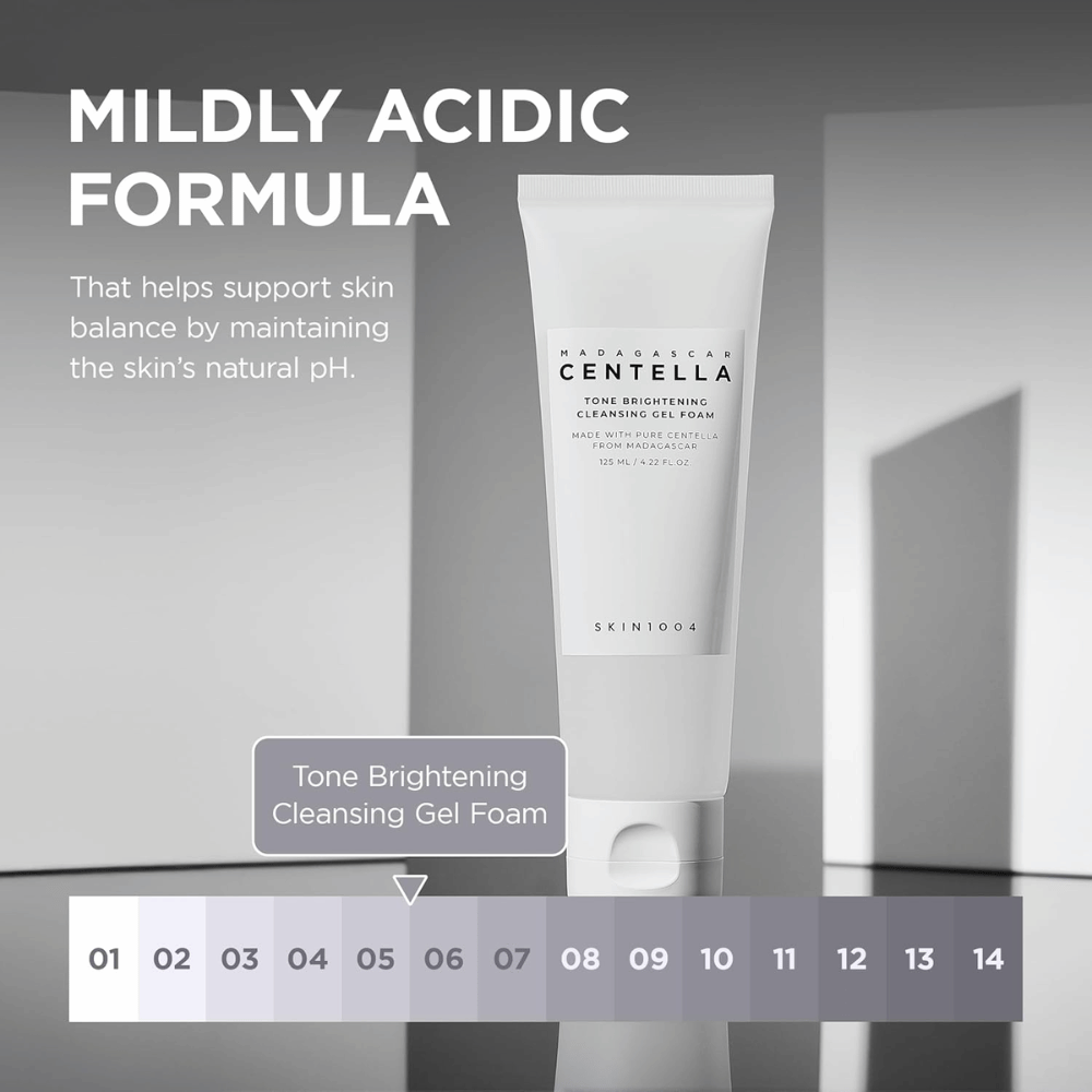 Grafika informacyjna opisująca łagodnie kwaśną formułę produktu (niskie pH). Obraz podkreśla, jak oczyszczanie pomaga zachować naturalną równowagę skóry, jednocześnie skutecznie ją oczyszczając.