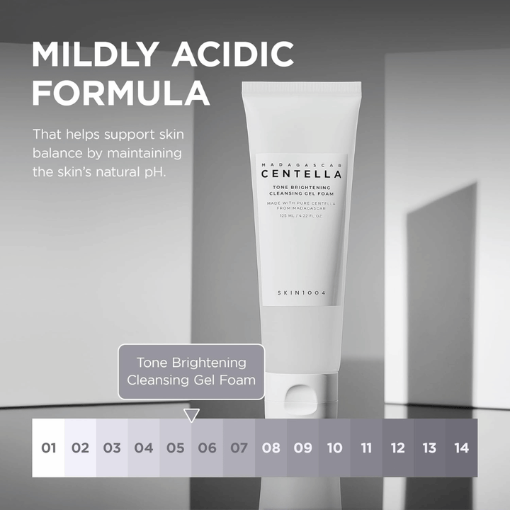 Grafika informacyjna opisująca łagodnie kwaśną formułę produktu (niskie pH). Obraz podkreśla, jak oczyszczanie pomaga zachować naturalną równowagę skóry, jednocześnie skutecznie ją oczyszczając.