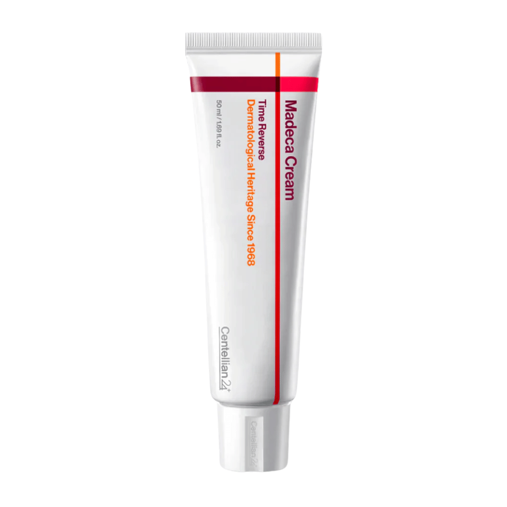 Zdjęcie produktu Centellian24 Madeca Cream Time Reverse w tubie na białym tle, regenerujący krem do twarzy z centella asiatica, który wzmacnia barierę skórną i jest odpowiedni dla skóry wrażliwej.