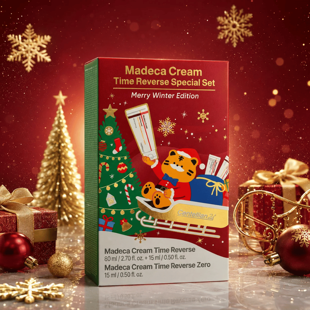 3. Centellian24 Madeca Cream Time Reverse Special Set Merry Winter Edition – świąteczne opakowanie z choinką, prezentami i złotymi detalami