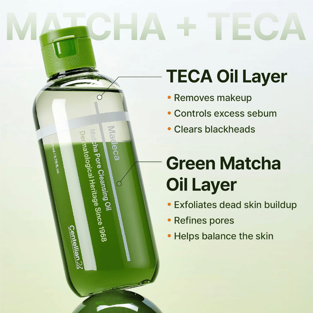 Centellian24 Madeca Matcha Pore Cleansing Oil z dwufazową formułą, która rozpuszcza makijaż i sebum