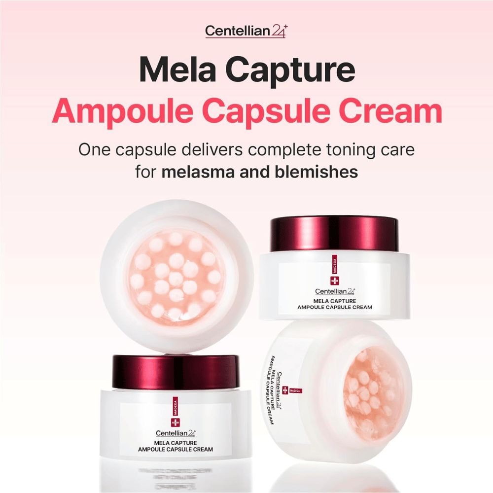 Zdjęcie produktu Centellian24 Madeca Mela Capture Ampoule Capsule Cream z naciskiem na kapsułki ampułkowe i formułę opracowaną do pielęgnacji nierównego kolorytu skóry oraz przebarwień.