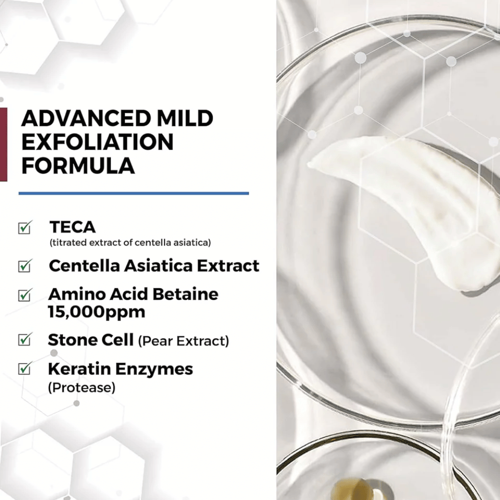 Centellian24 Madeca Amino Acid Cleansing Foam składniki – łagodna formuła złuszczająca z TECA, ekstraktem z Centella Asiatica, aminokwasami i enzymami keratynowymi, które pomagają delikatnie oczyszczać skórę i usuwać martwe komórki naskórka.