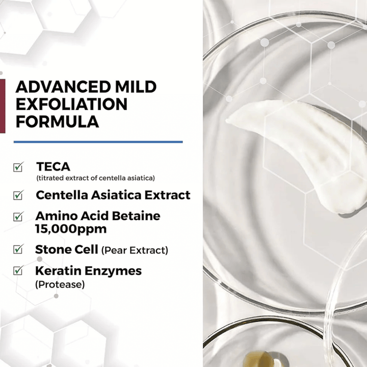 Centellian24 Madeca Amino Acid Cleansing Foam składniki – łagodna formuła złuszczająca z TECA, ekstraktem z Centella Asiatica, aminokwasami i enzymami keratynowymi, które pomagają delikatnie oczyszczać skórę i usuwać martwe komórki naskórka.