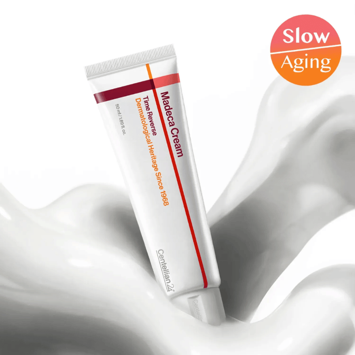 Centellian24 Madeca Cream Time Reverse w kremowej teksturze z przesłaniem slow-aging, opracowany w celu łagodzenia skóry, zmniejszania podrażnień i wspierania naturalnego procesu naprawczego skóry.